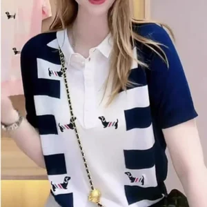 Polo color-blocked knit short-sleeved top, trendy niche design, ice silk top for women.