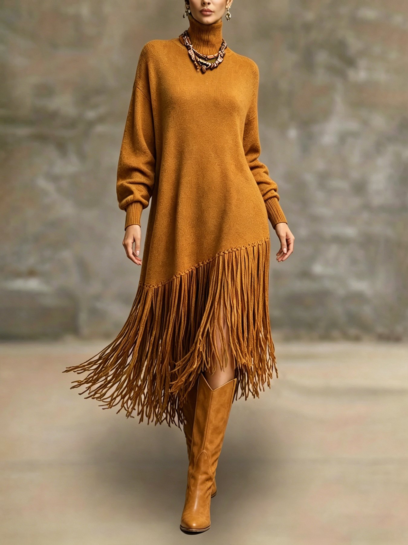 Womens Long Tassel Solid-Color Versatile Dress - Image 10