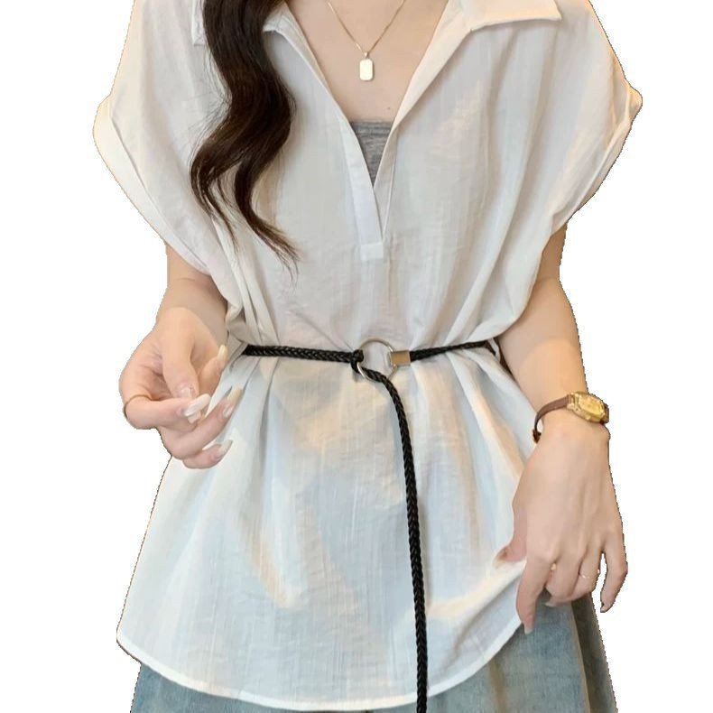 Plus-size Faux Two-piece V-neck Straight-shoulder Shirt - Image 2