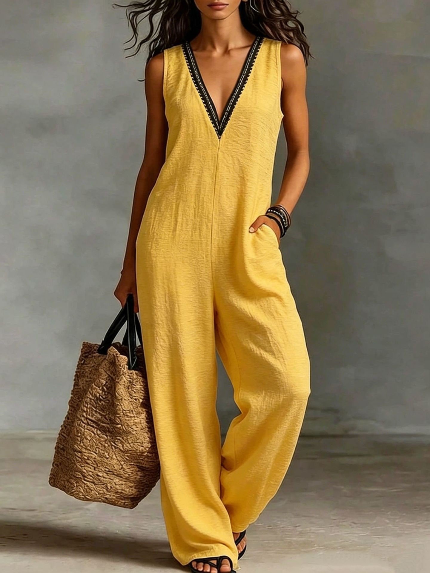 New Womens V-neck Sleeveless Wide-leg Jumpsuit - Image 6