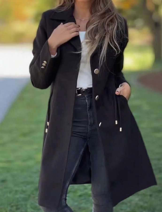 Gorgeous Stylish Solid-color Mid-length Wool Coat With Drawstring And Pockets - Image 5