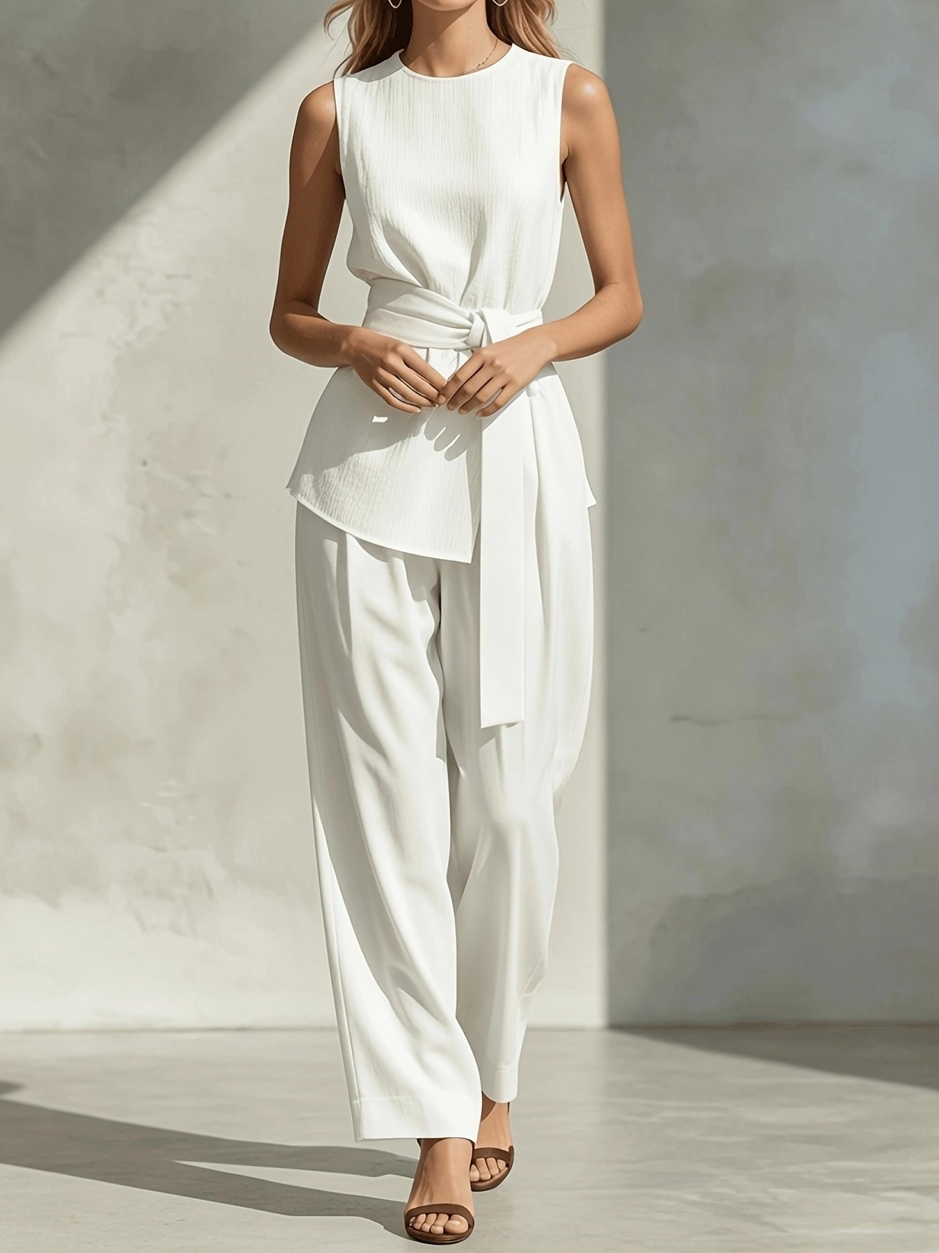 Korean Casual Sleeveless Tied-top And Pants Set - Image 3