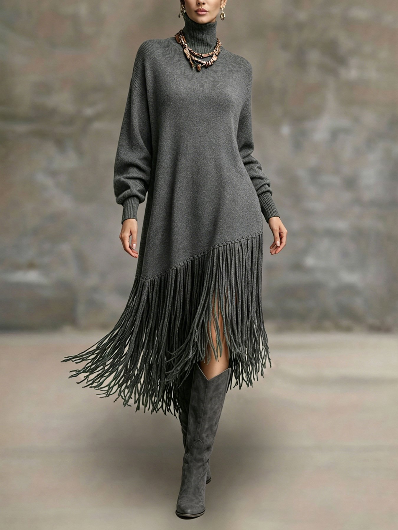 Womens Long Tassel Solid-Color Versatile Dress - Image 9