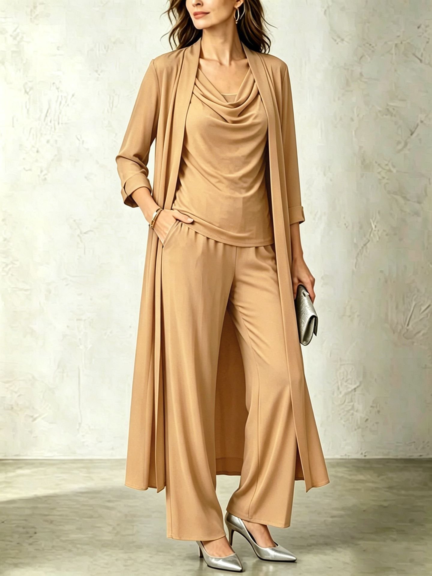 Womens Long Cardigan Jacket And Pants Three-piece Set - Image 2