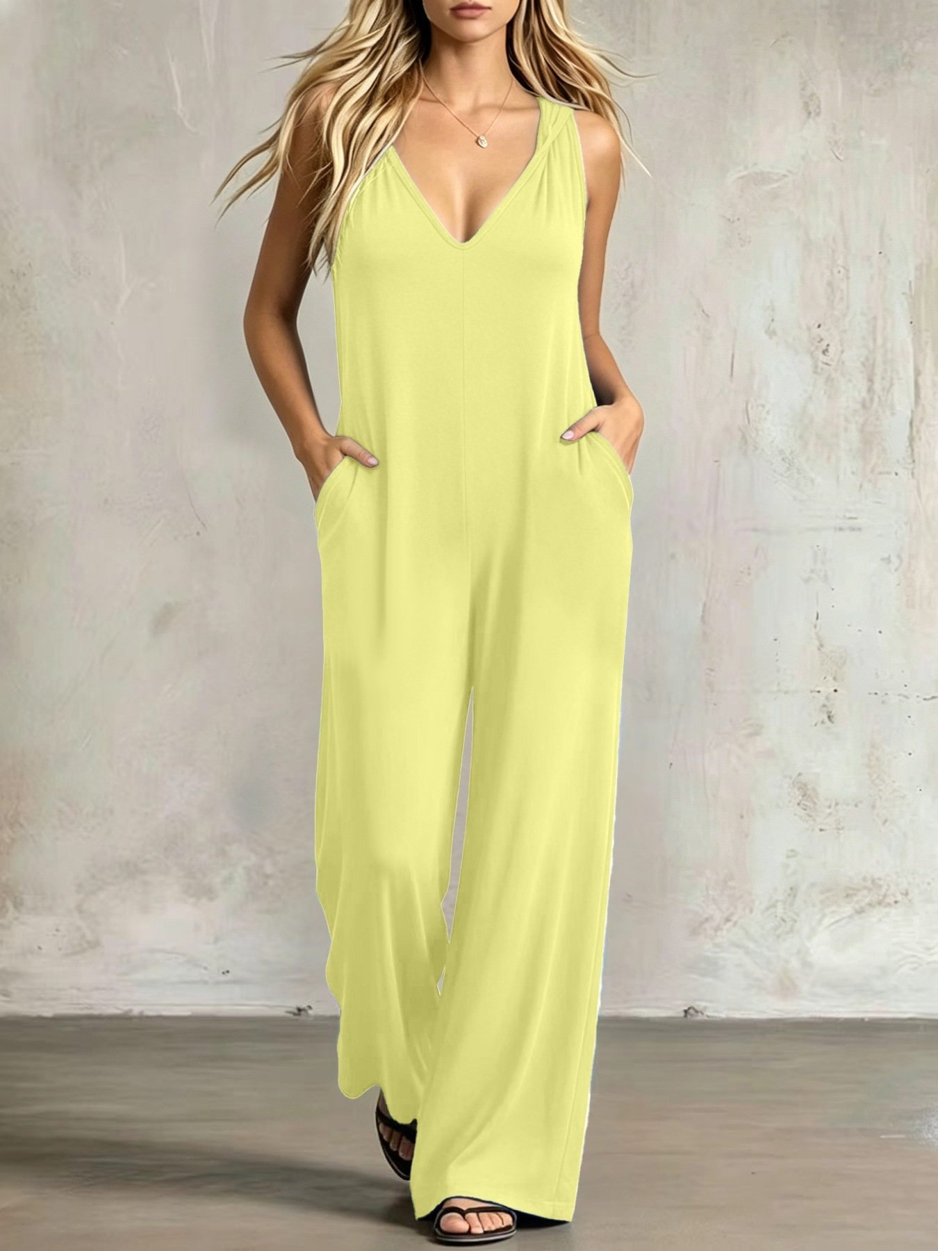 Stylish V-neck Solid-color Hooded Jumpsuit - Image 5