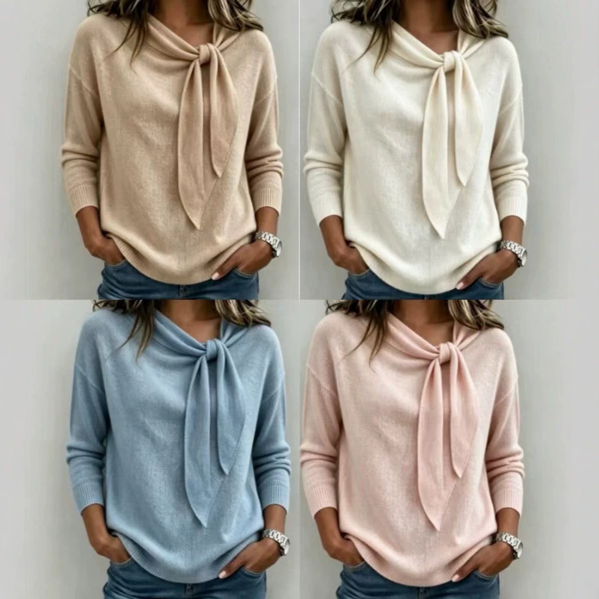 Knitted Bow-Knot Sweater Solid-Color Womens Wear - Image 9