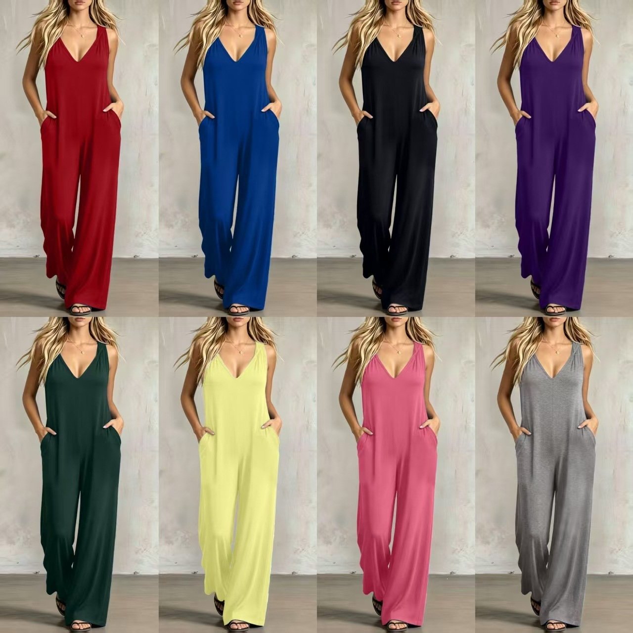 Simple V-neck Pocket Solid-color Hooded Jumpsuit - Image 5