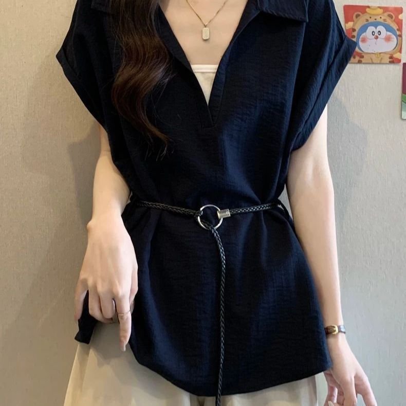 Plus-size Faux Two-piece V-neck Straight-shoulder Shirt - Image 5