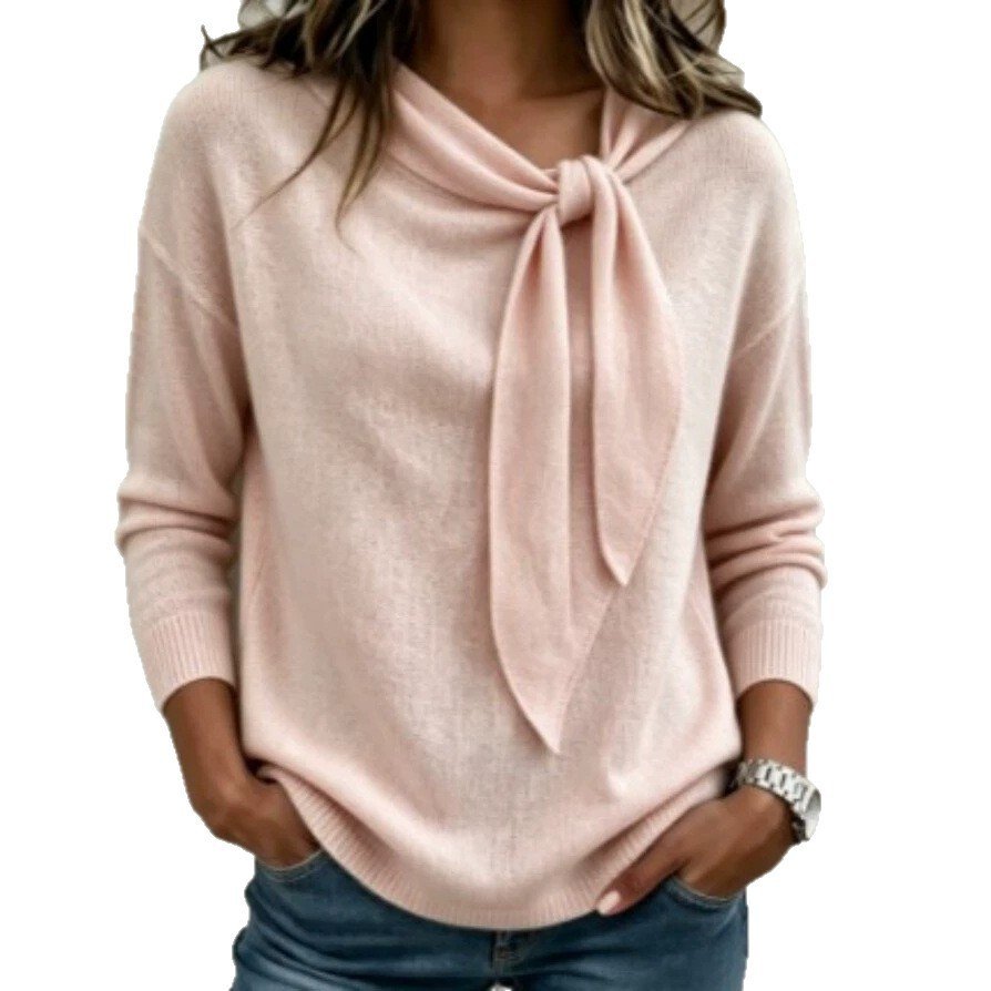 Knitted Bow-Knot Sweater Solid-Color Womens Wear - Image 3