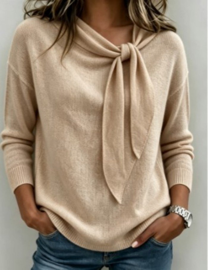 Knitted Bow-Knot Sweater Solid-Color Womens Wear - Image 2