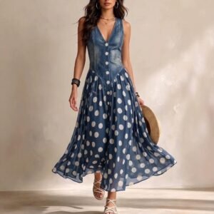 Gorgeous Casual Printed Denim-look Top With A Polka-dot Dress