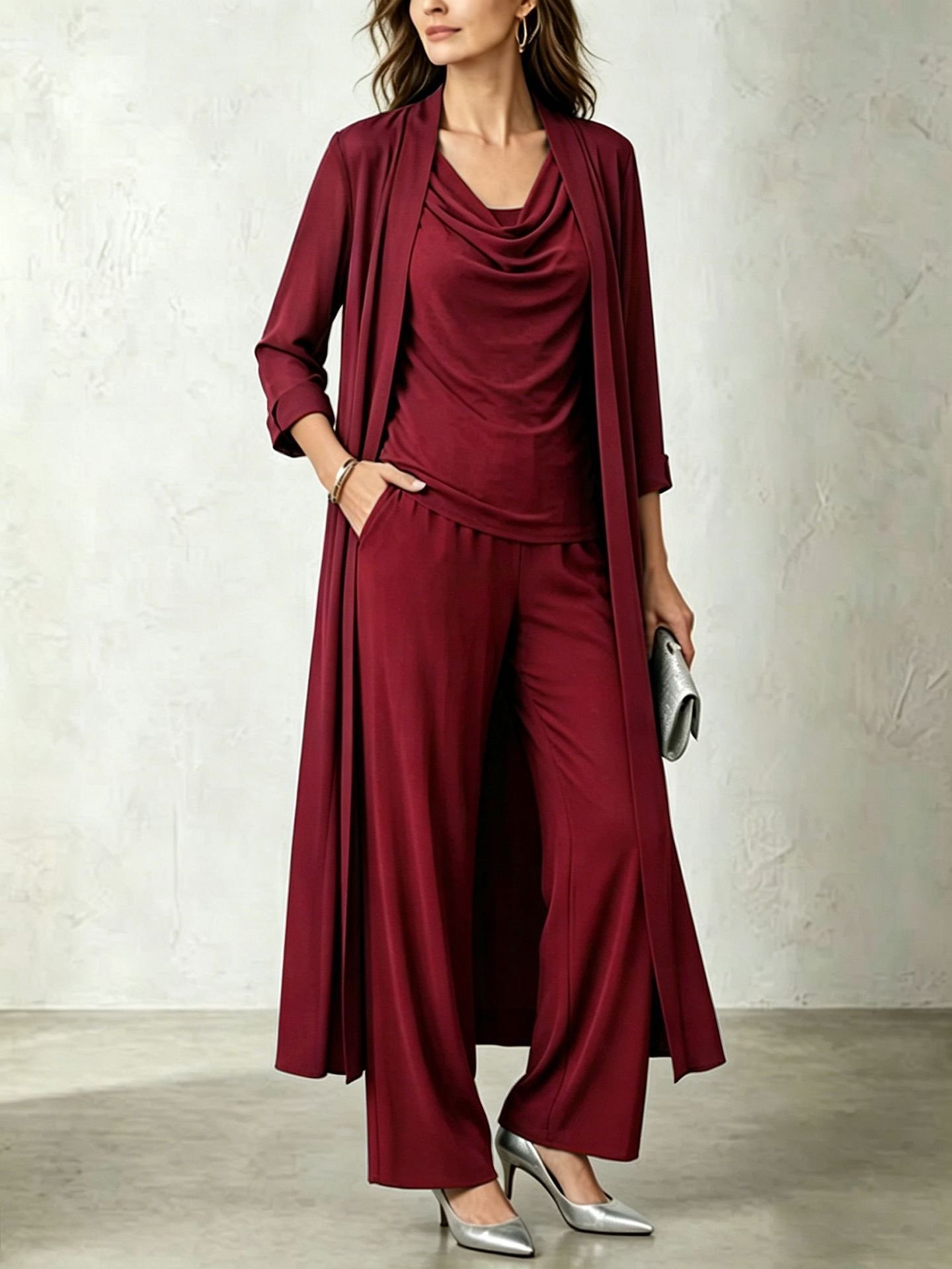 Womens Long Cardigan Jacket And Pants Three-piece Set - Image 5