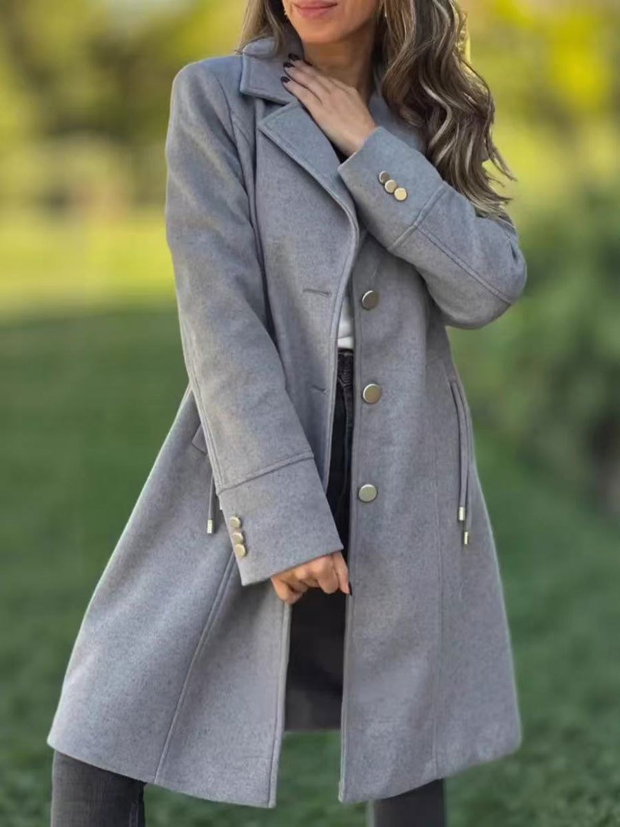 Gorgeous Stylish Solid-color Mid-length Wool Coat With Drawstring And Pockets - Image 2
