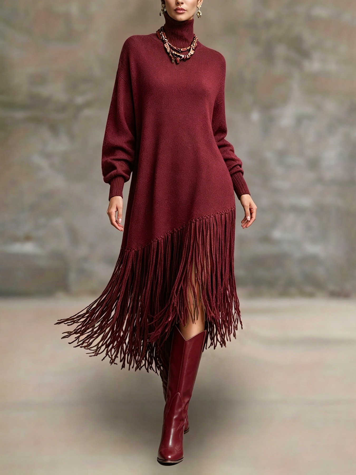 Womens Long Tassel Solid-Color Versatile Dress - Image 7