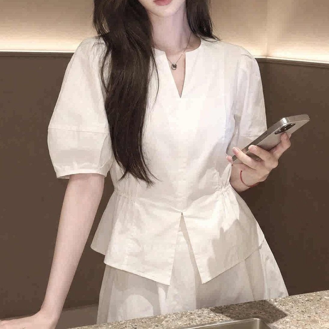 Summer New Arrival Designer White Puff-sleeve Waist-cinching Blouse - Image 3