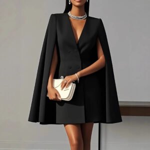 European And American Amazon Cross-border Autumn Commuting Double-breasted Cape Coat Pure Color Suit Dress For Women, Available In 5 Colors