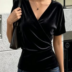 Womens Solid-color Cross V-neck Short-sleeve