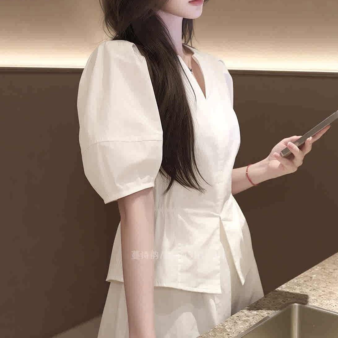 Summer New Arrival Designer White Puff-sleeve Waist-cinching Blouse - Image 2