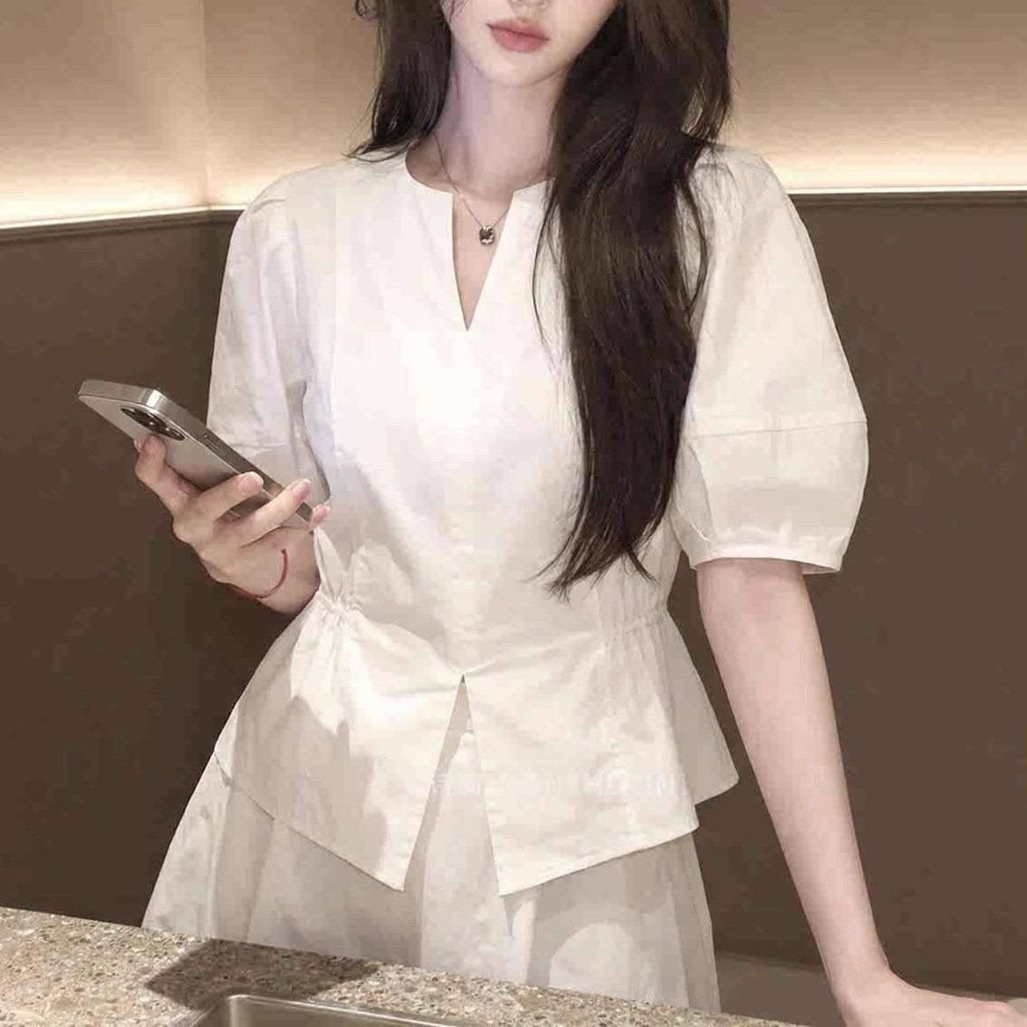 Summer New Arrival Designer White Puff-sleeve Waist-cinching Blouse - Image 5