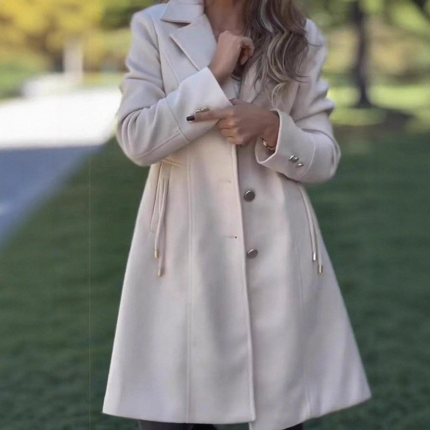 Gorgeous Stylish Solid-color Mid-length Wool Coat With Drawstring And Pockets - Image 8
