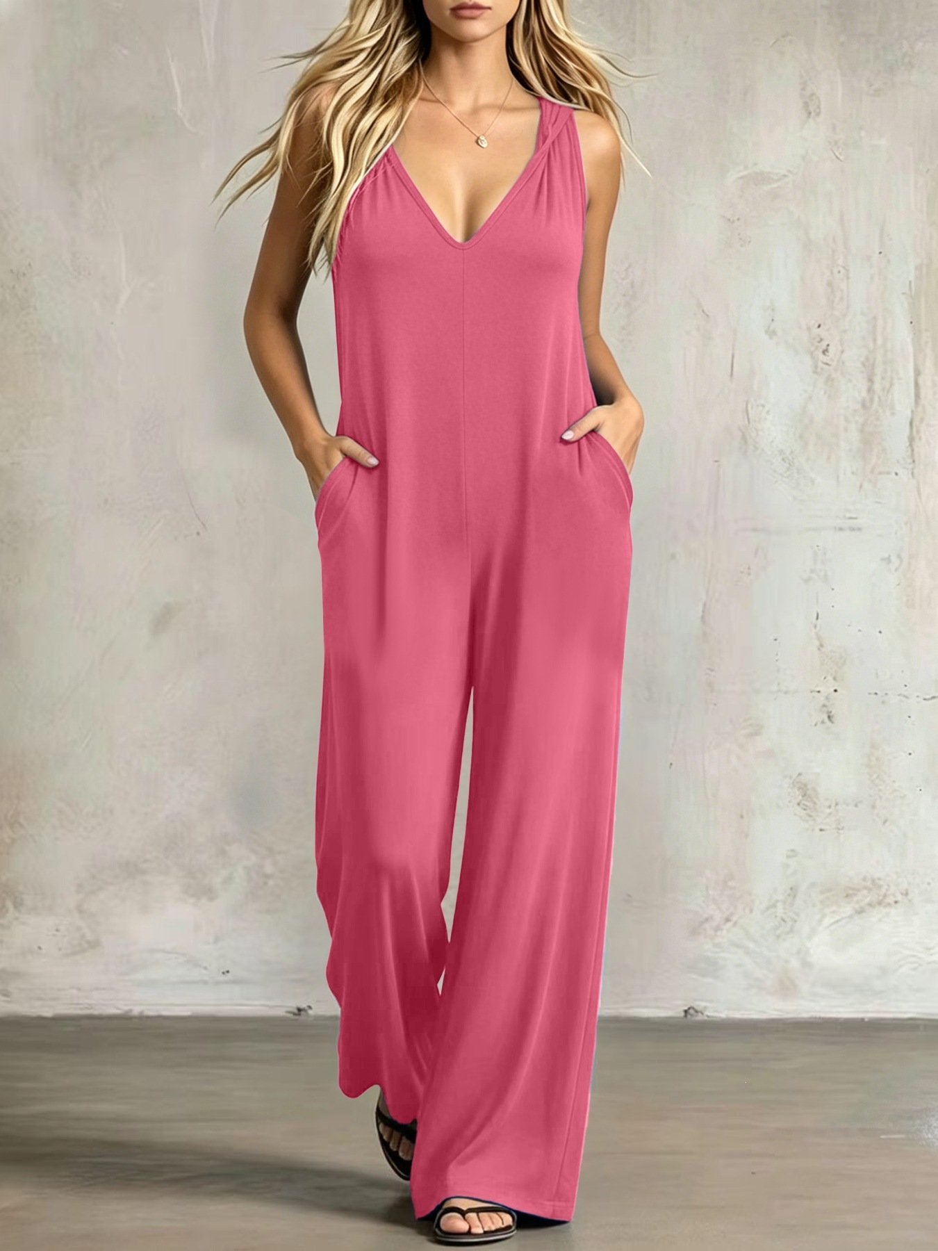 Simple V-neck Pocket Solid-color Hooded Jumpsuit - Image 4