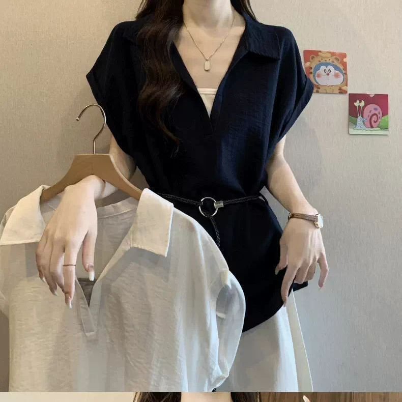 Plus-size Faux Two-piece V-neck Straight-shoulder Shirt - Image 7