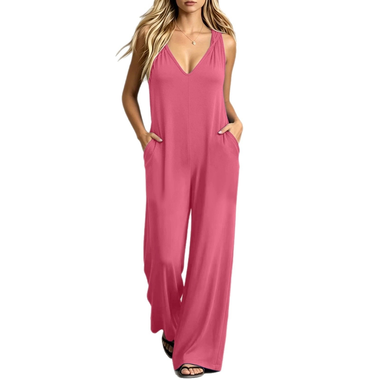 Simple V-neck Pocket Solid-color Hooded Jumpsuit - Image 2