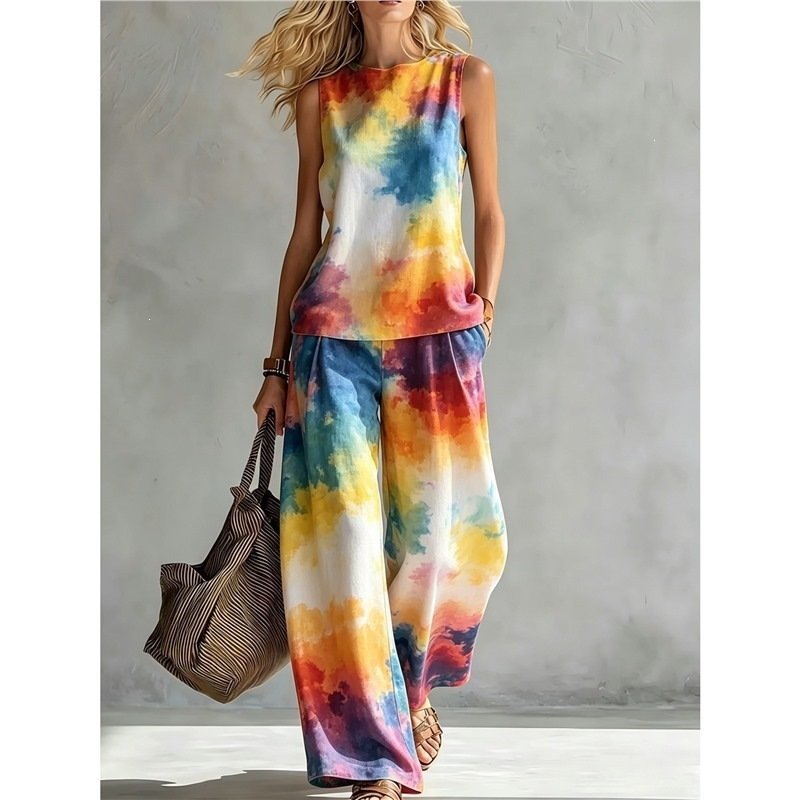 Stylish Rainbow Tie-dye Sleeveless Suit (Two-piece Set) - Image 9