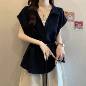 Plus-size Faux Two-piece V-neck Straight-shoulder Shirt