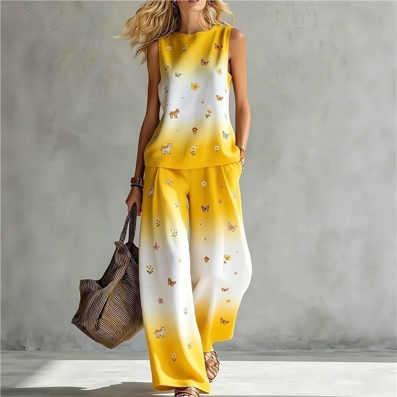 Stylish Rainbow Tie-dye Sleeveless Suit (Two-piece Set)