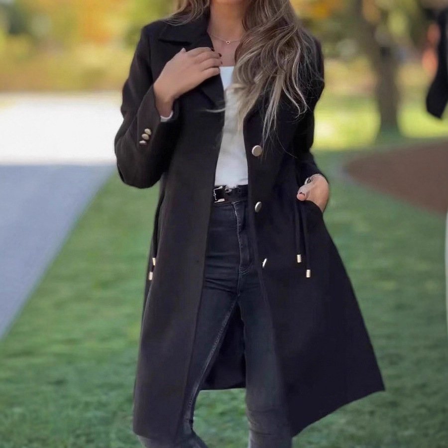 Gorgeous Stylish Solid-color Mid-length Wool Coat With Drawstring And Pockets - Image 4