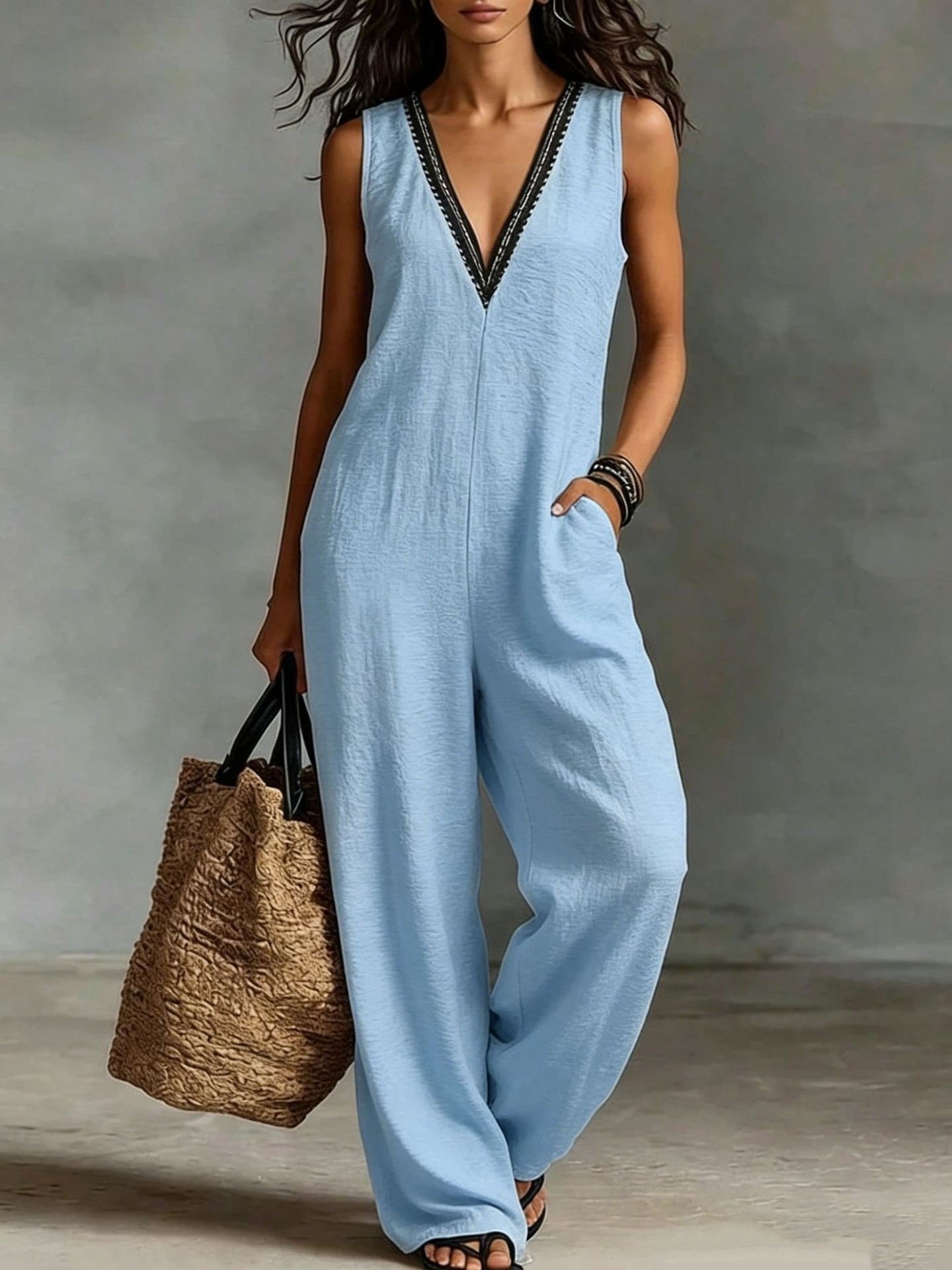 New Womens V-neck Sleeveless Wide-leg Jumpsuit - Image 5