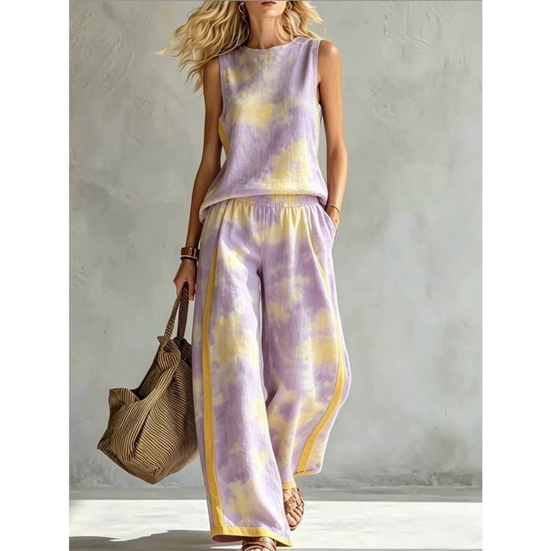 Stylish Rainbow Tie-dye Sleeveless Suit (Two-piece Set) - Image 8