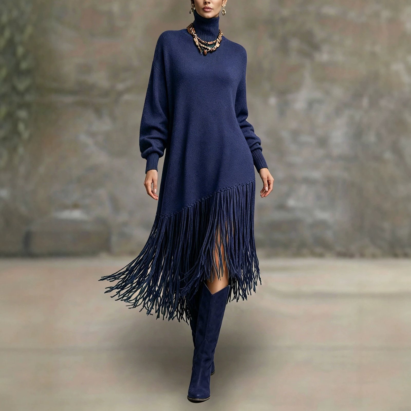 Womens Long Tassel Solid-Color Versatile Dress - Image 4