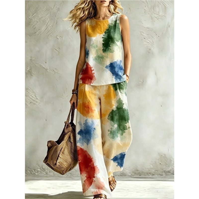 Stylish Rainbow Tie-dye Sleeveless Suit (Two-piece Set) - Image 6