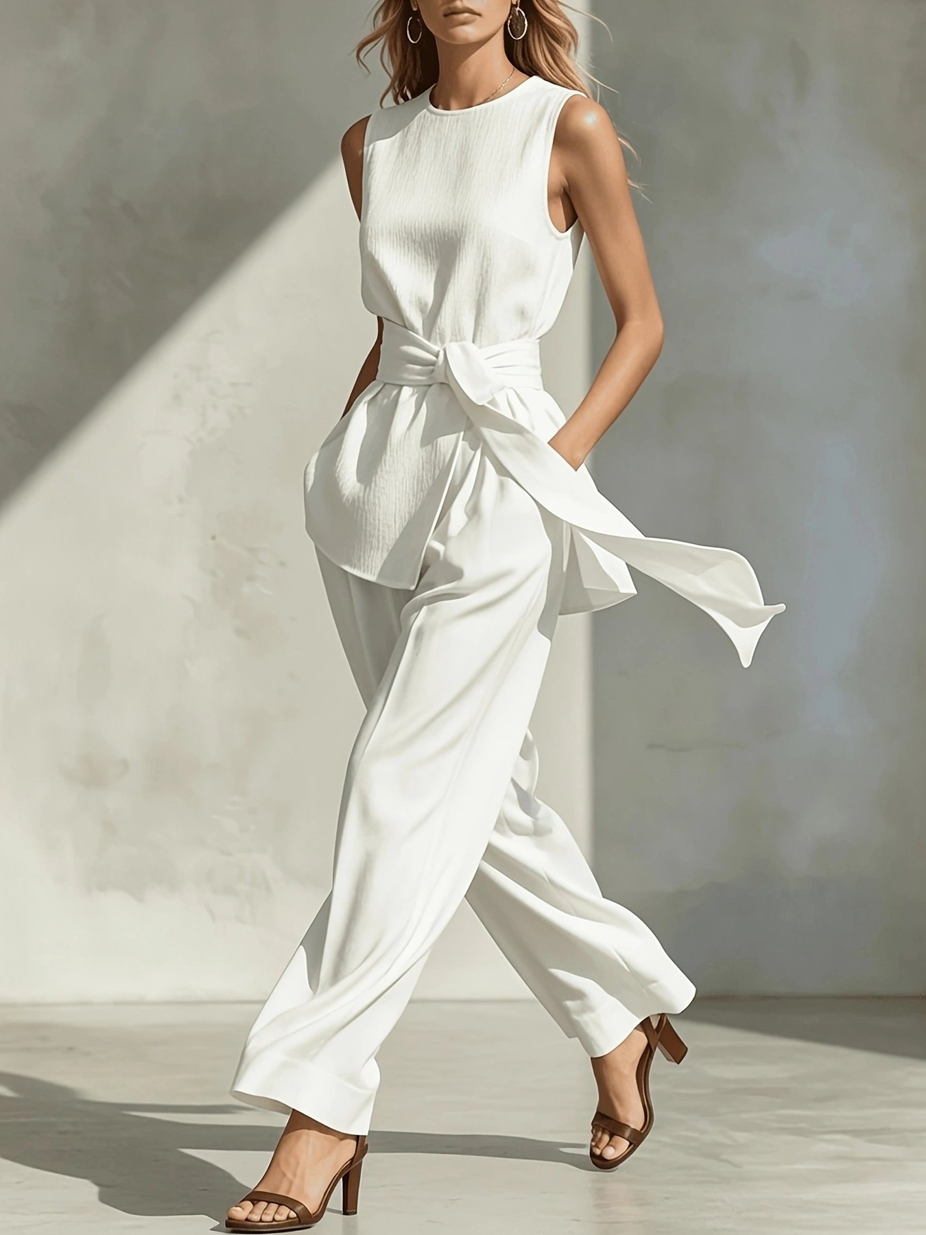 Korean Casual Sleeveless Tied-top And Pants Set - Image 2