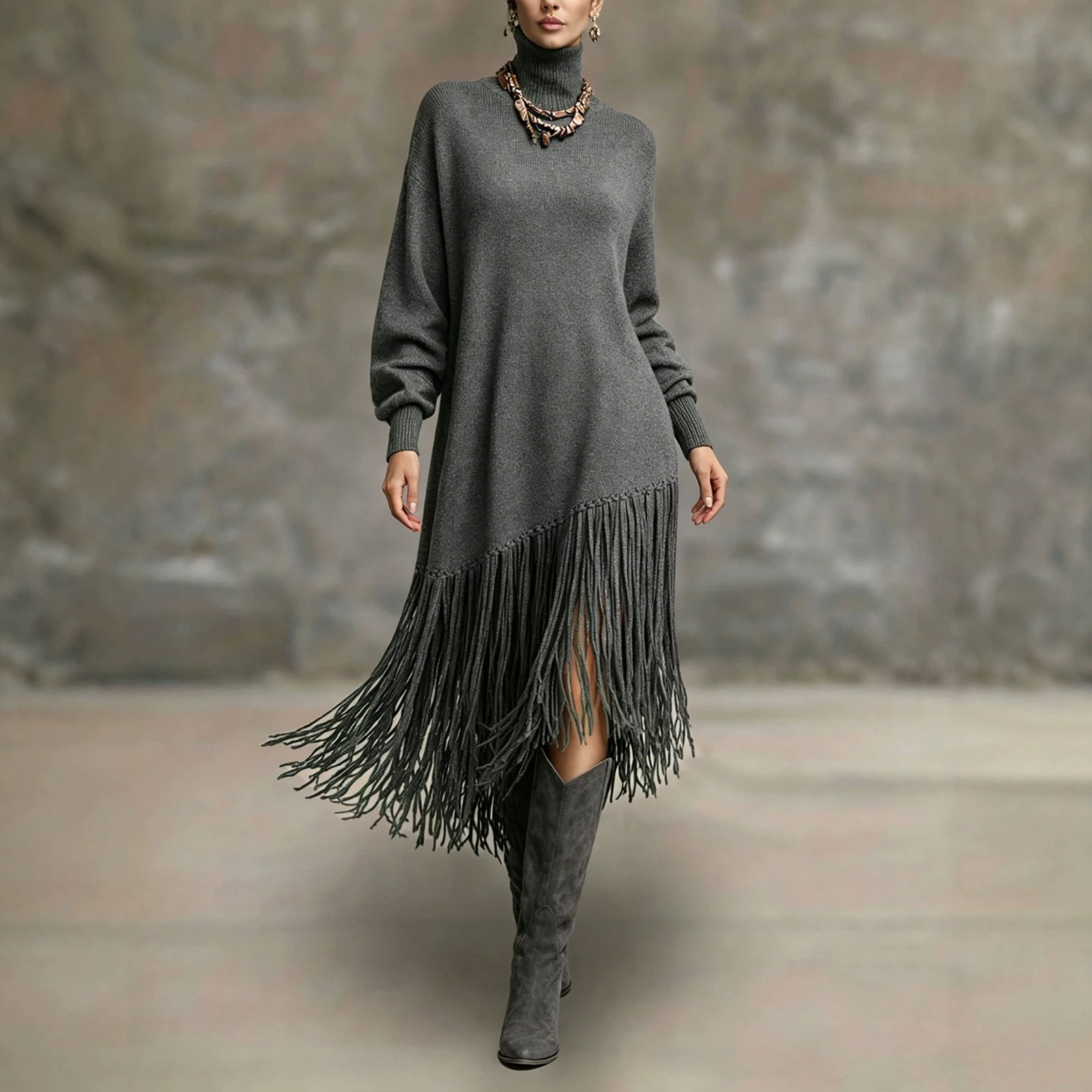 Womens Long Tassel Solid-Color Versatile Dress - Image 2