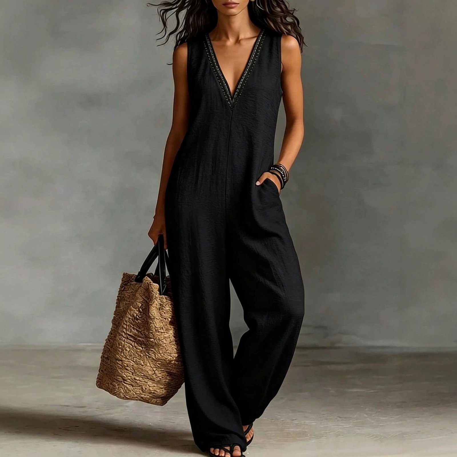 New Womens V-neck Sleeveless Wide-leg Jumpsuit - Image 3