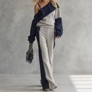 Stylish Color-block Sweatshirt with Wide-leg Pants (Two-piece Set)
