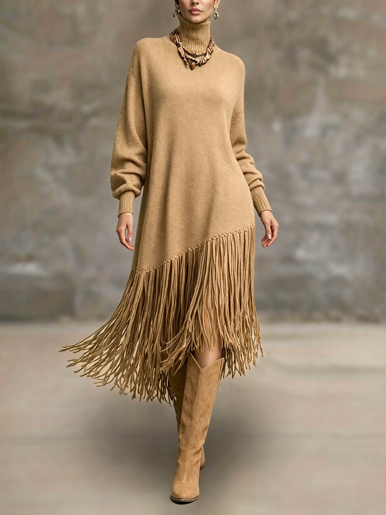 Womens Long Tassel Solid-Color Versatile Dress - Image 8