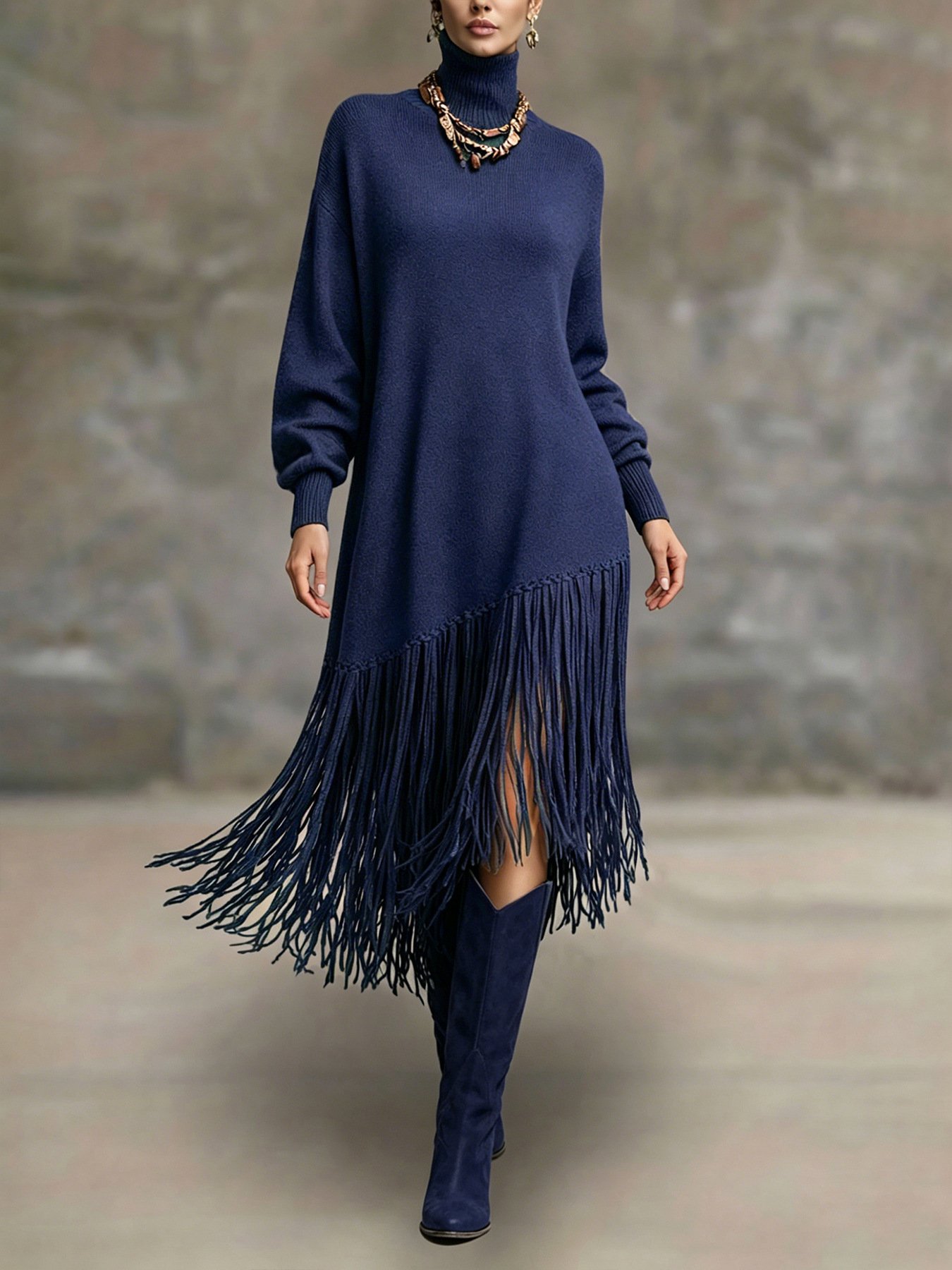Womens Long Tassel Solid-Color Versatile Dress - Image 6