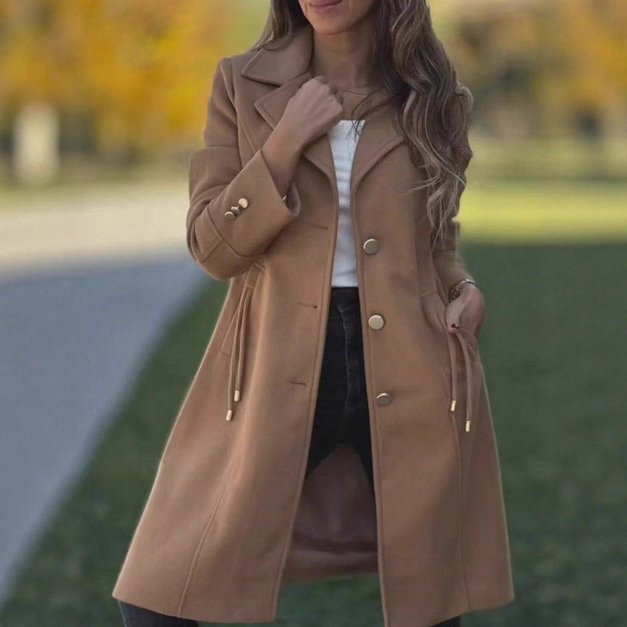 Gorgeous Stylish Solid-color Mid-length Wool Coat With Drawstring And Pockets - Image 9