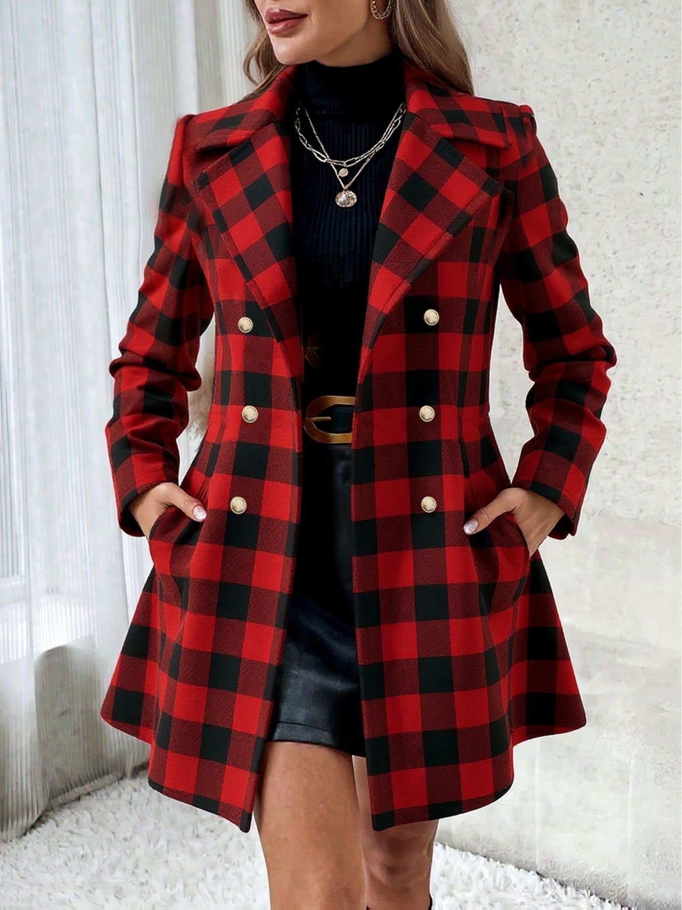 Plus-size Contrast-color Plaid Fleece-lined Loose-fit Coat For Women - Image 4