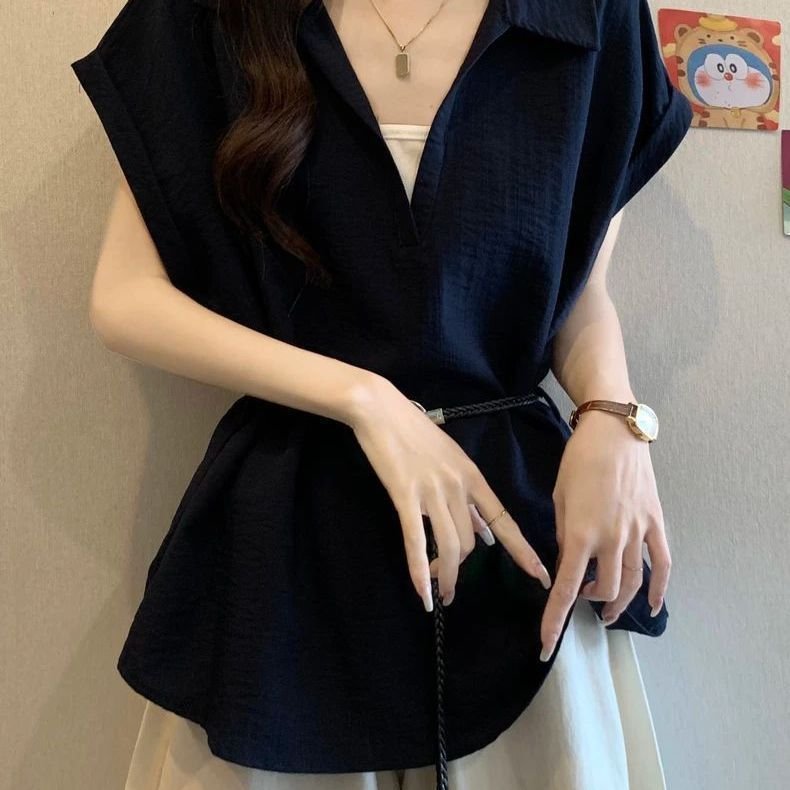 Plus-size Faux Two-piece V-neck Straight-shoulder Shirt - Image 6