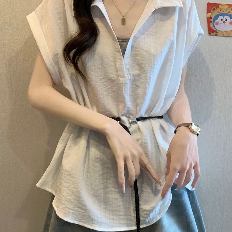 Plus-size Faux Two-piece V-neck Straight-shoulder Shirt - Image 4