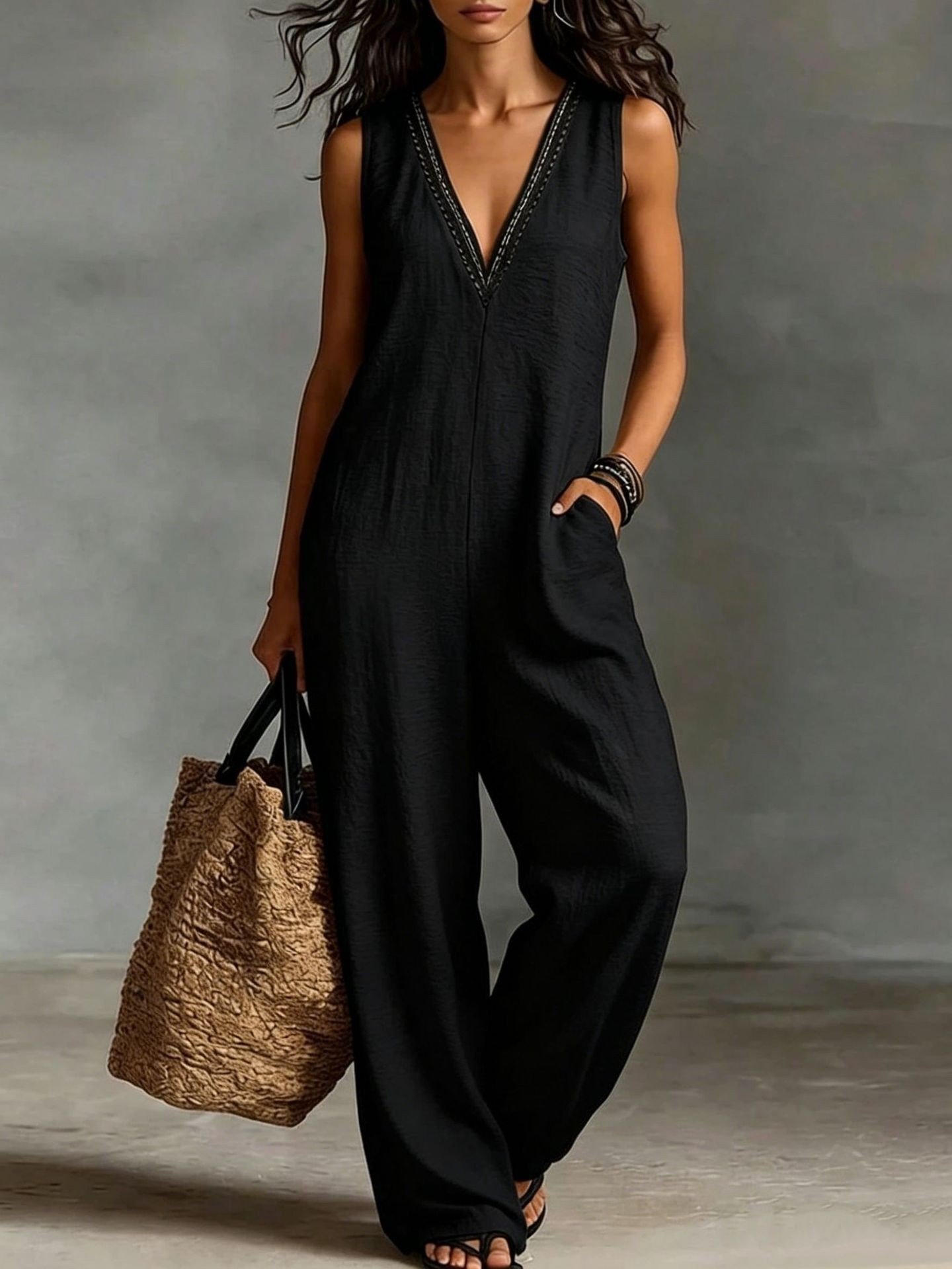 New Womens V-neck Sleeveless Wide-leg Jumpsuit - Image 8