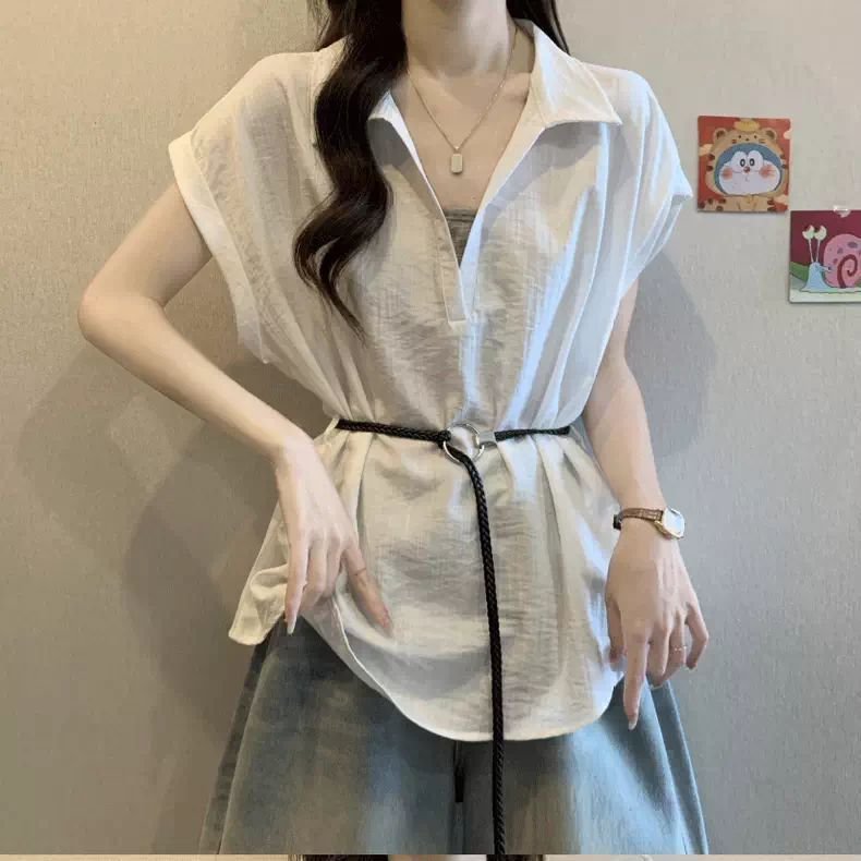 Plus-size Faux Two-piece V-neck Straight-shoulder Shirt - Image 3