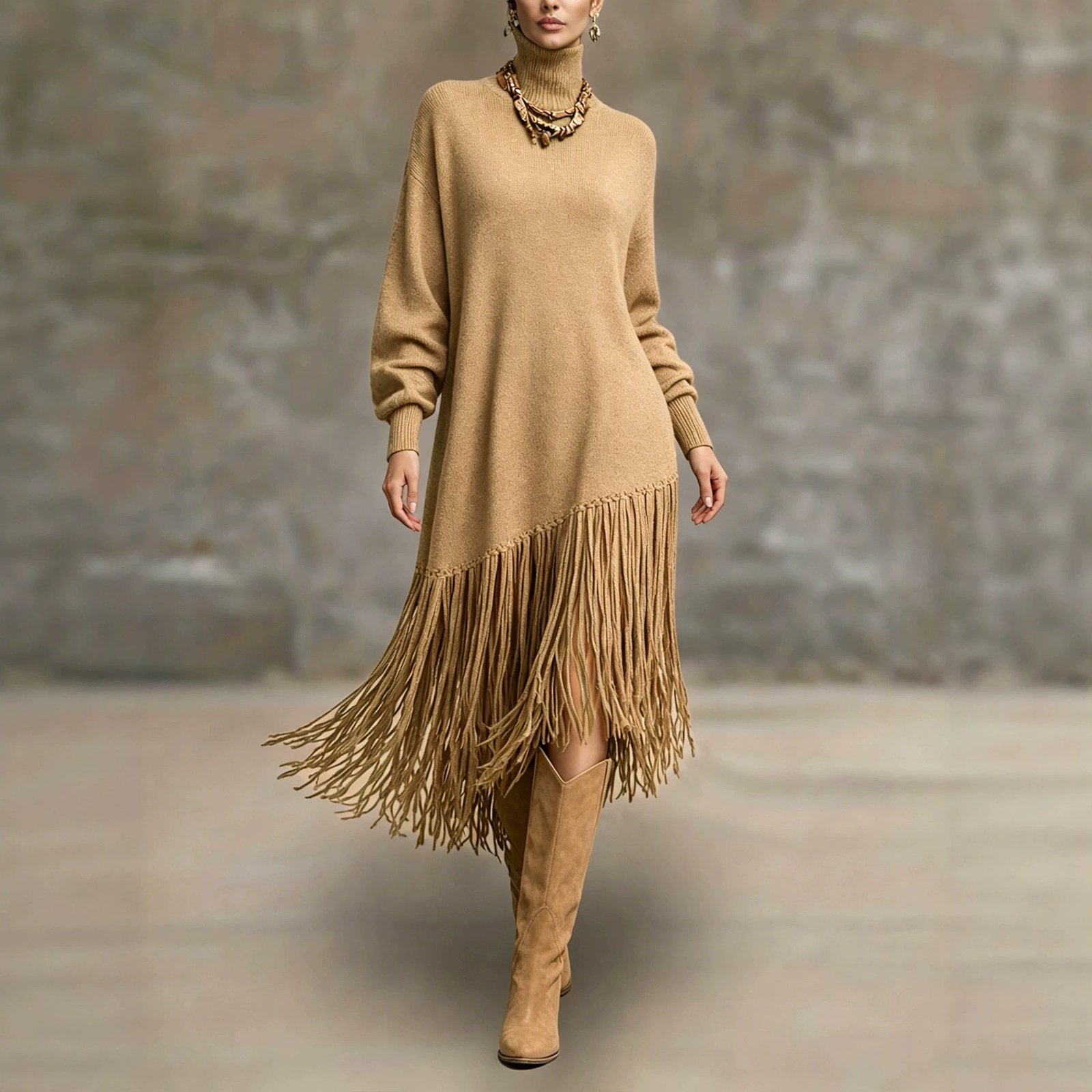Womens Long Tassel Solid-Color Versatile Dress - Image 5