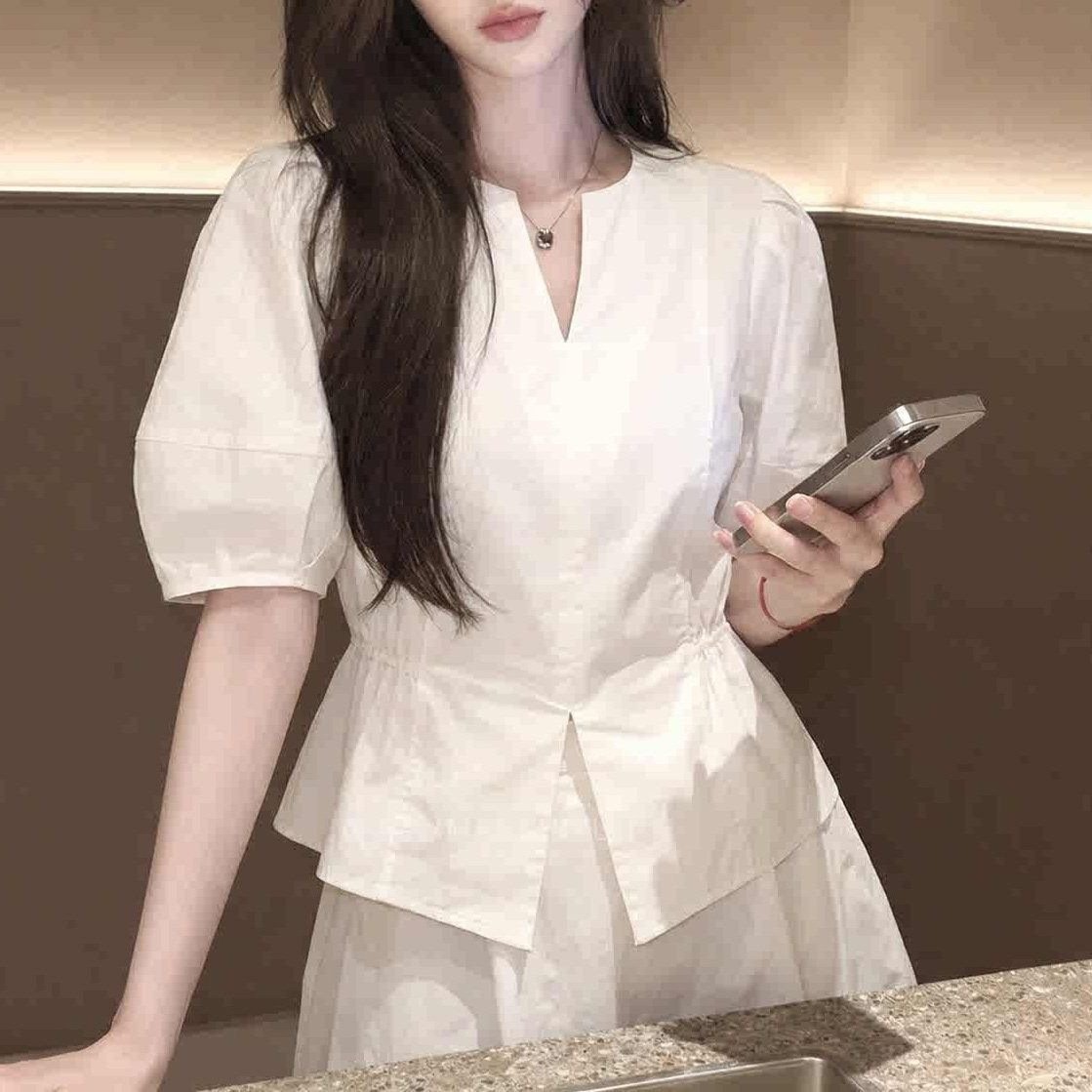 Summer New Arrival Designer White Puff-sleeve Waist-cinching Blouse - Image 6