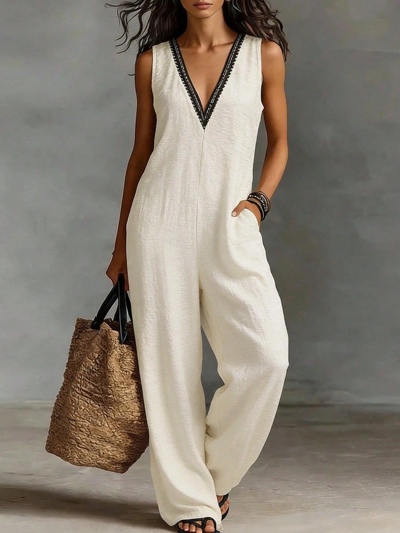New Womens V-neck Sleeveless Wide-leg Jumpsuit - Image 4